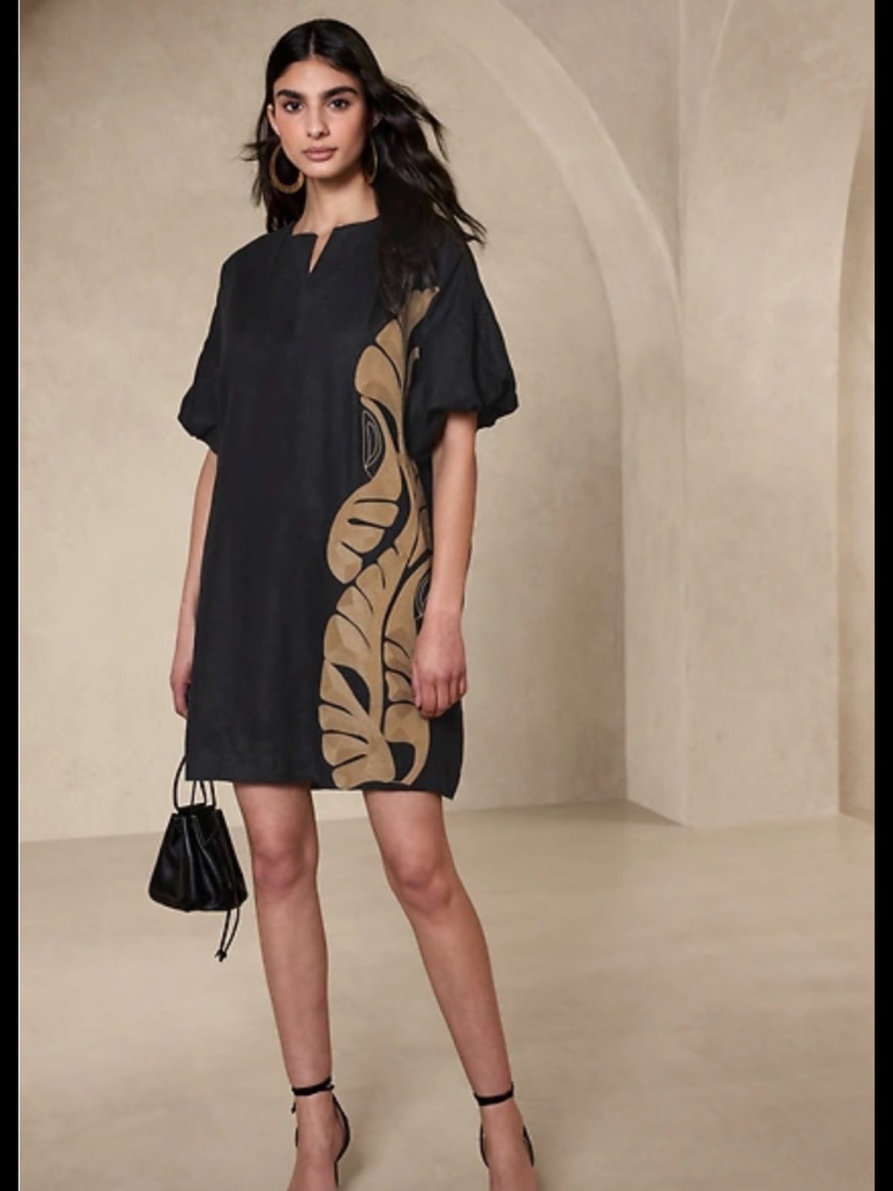 Banana Republic Botanica Embroidered Linen Mini Dress Size XL Black Gold Palm